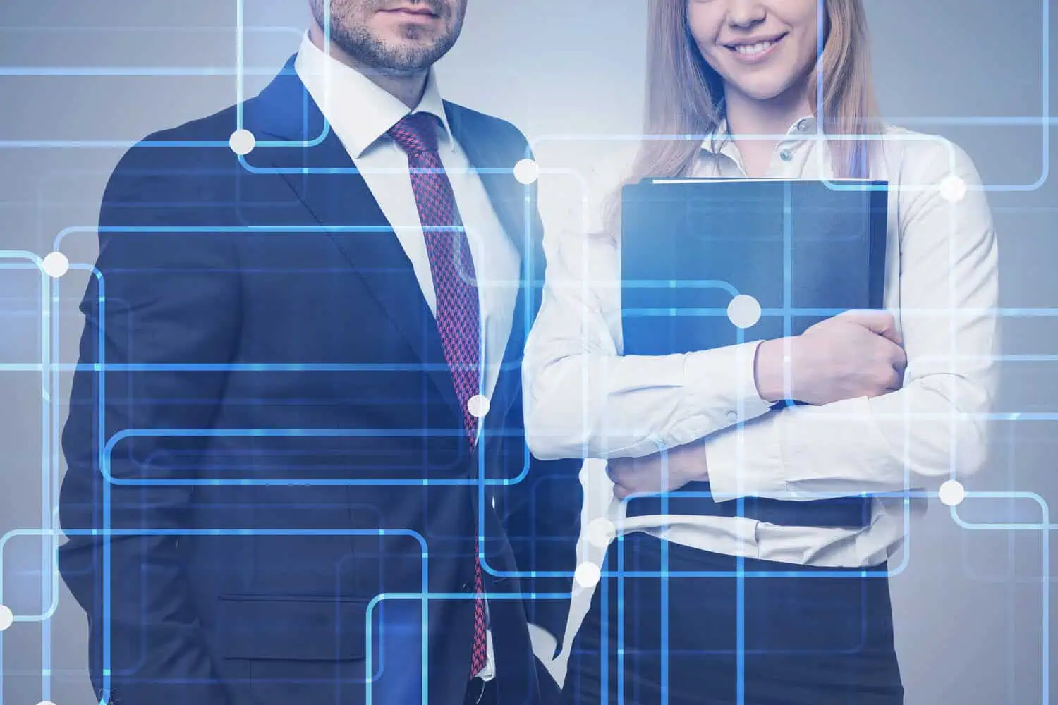 serious-bearded-businessman-with-red-tie-his-smiling-blonde-colleague-with-folder-standing-gray-background-with-double-exposure-virtual-interface